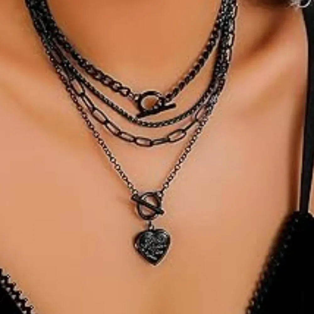 Punk Chunky Black Layered Necklace Set Fashion‎ Heart Pendant Goth Jewelry